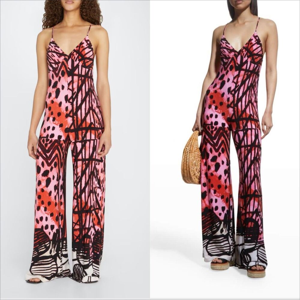 Norma Kamali Wide Leg Slip Jumpsuit Size Medium 38 Sticks & Stones Print Stretch